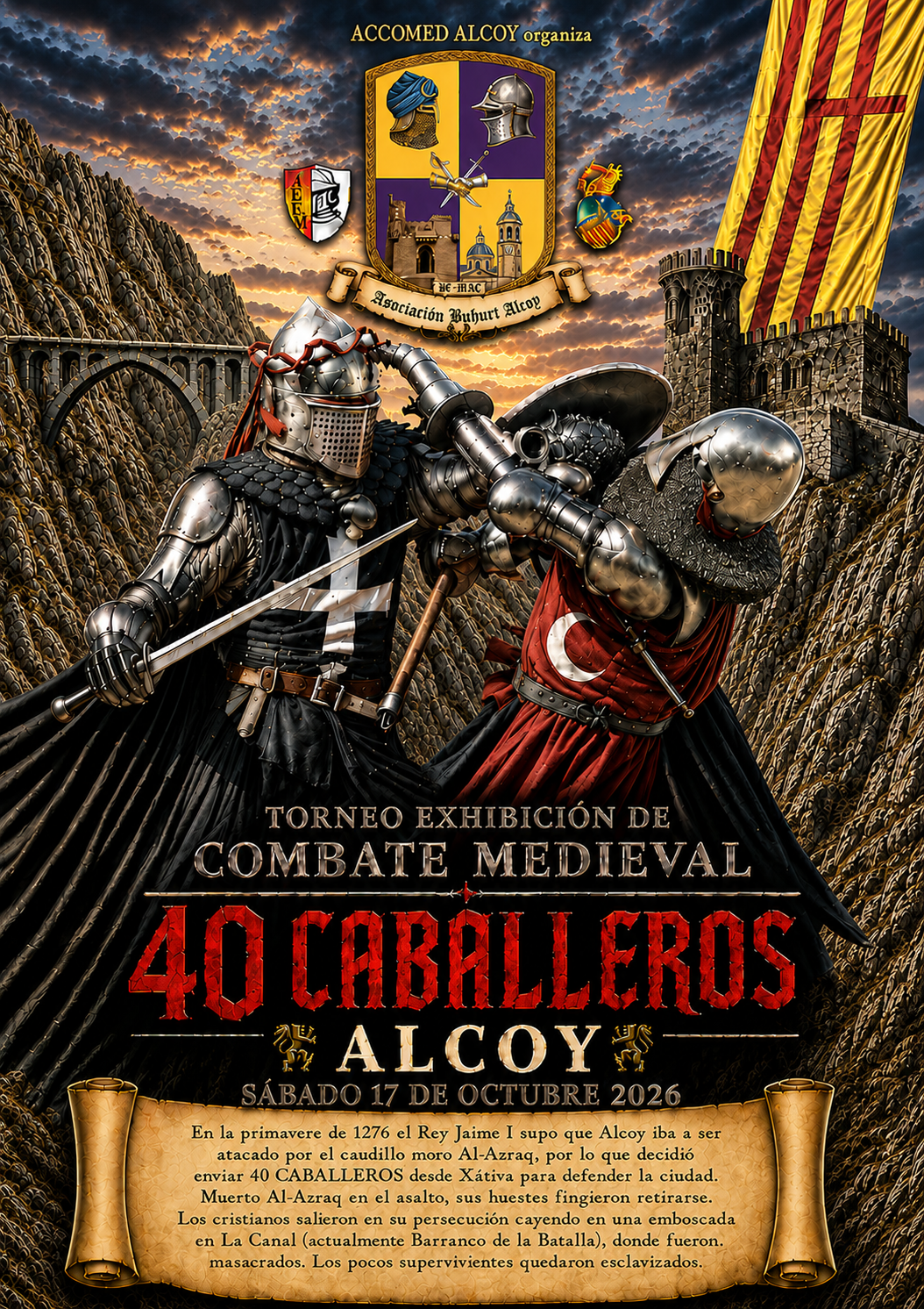 Cartel oficial del Torneo Exhibición de Combate Medieval 40 CABALLEROS en Alcoy, 17 de octubre de 2026